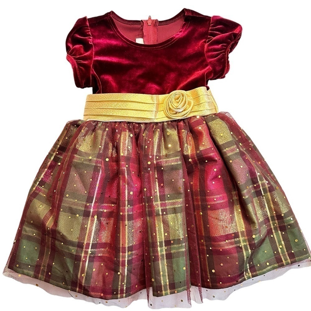 Bonnie Jean Gold Green‎ Burgundy Velvet Plaid & Sparkle Holiday Dress Girls 2T